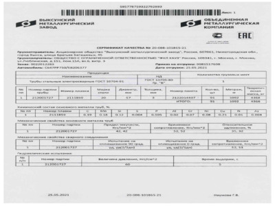 Труба электросварная 57х3 мм - Сертификат